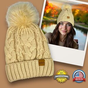 Womens Cable Knit Faux Fur Pom Pom Beanie Winter Hat Soft Fleece Lined Beige